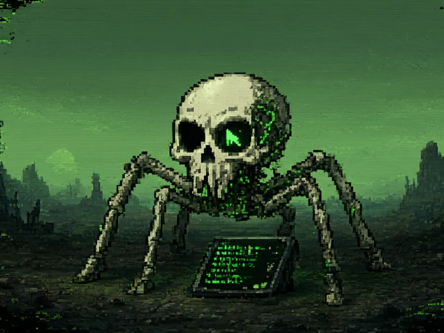 The Scraper, a skull on wire legs with a cursor for an eye